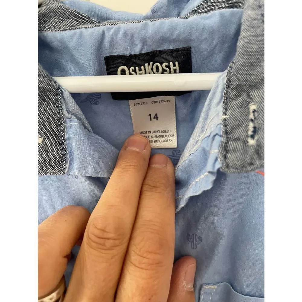 Osh Kosh boys blue cactus and dinosaur button down shirt 14
